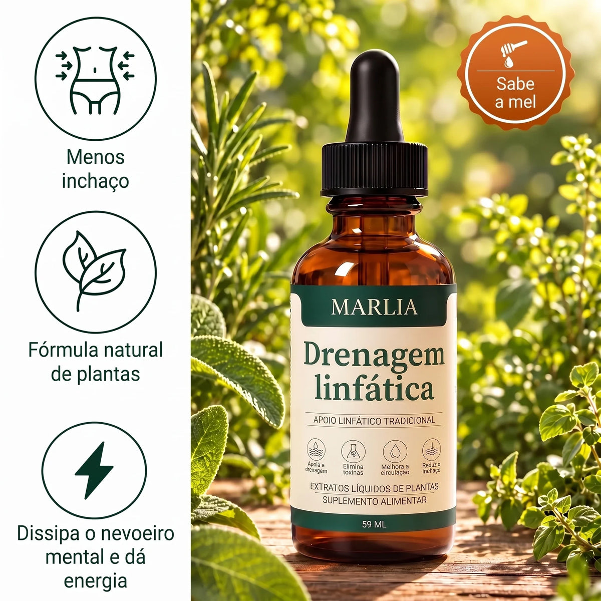 Gotas de drenagem linfática Marlia: menos inchaço, fórmula natural de plantas, mais energia